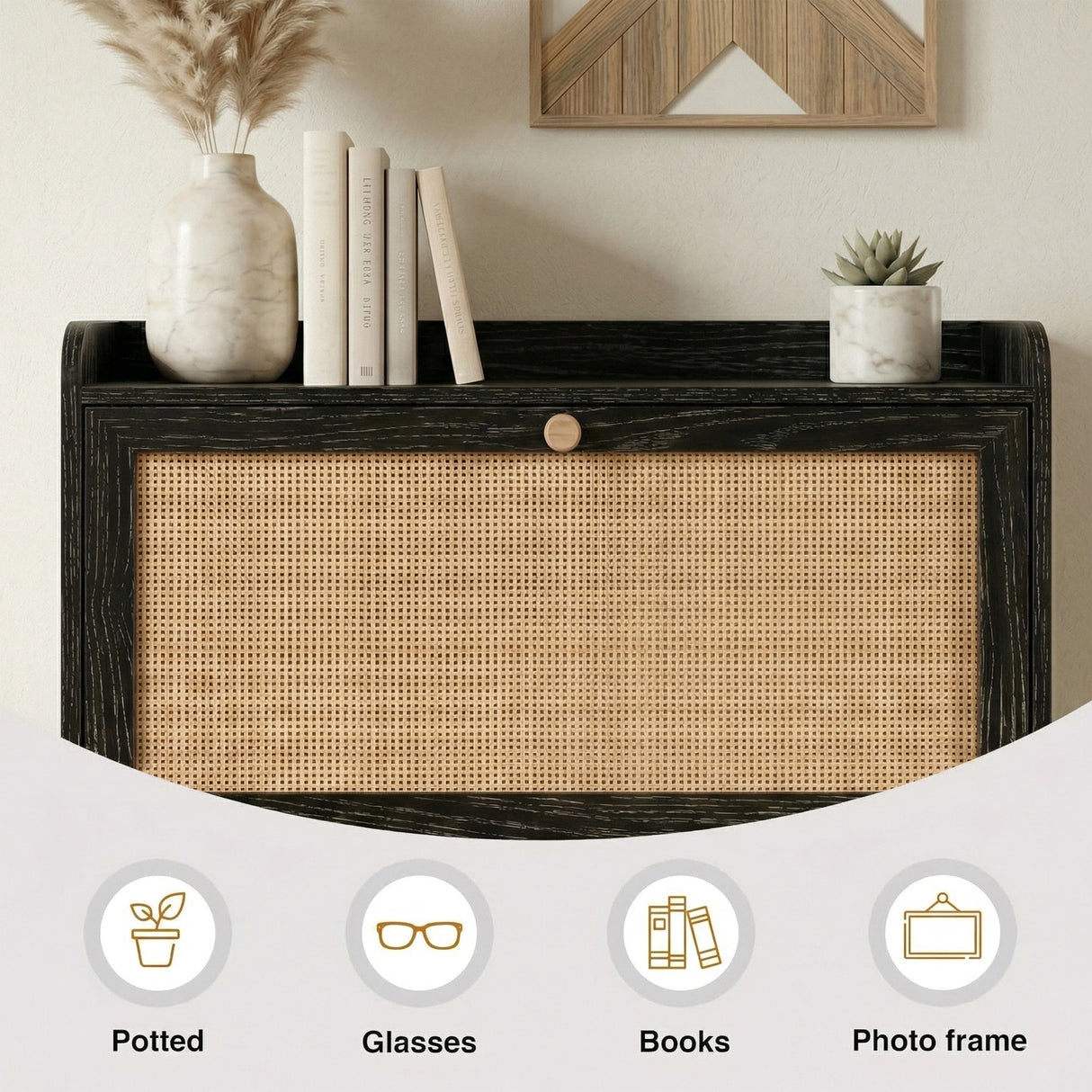 [Black] Wovena Rattan Black 2 Door Shoe Storage Cabinet top shelf close-up styled with marble pampas vase, stacked books, and succulent with item icons below