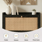 [Black] Wovena Rattan Black 2 Door Shoe Storage Cabinet top shelf close-up styled with marble pampas vase, stacked books, and succulent with item icons below