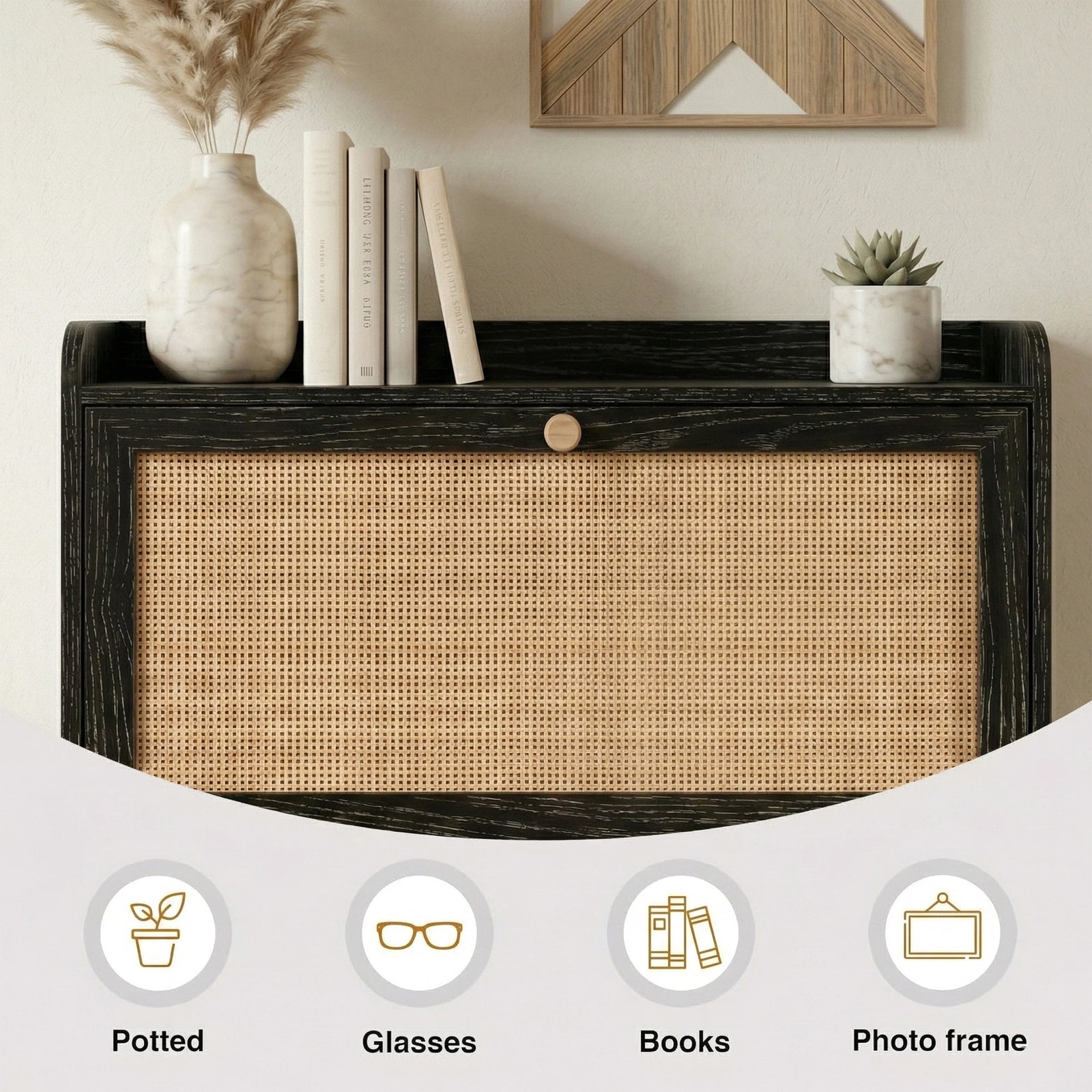 [Black] Wovena Rattan Black 2 Door Shoe Storage Cabinet top shelf close-up styled with marble pampas vase, stacked books, and succulent with item icons below