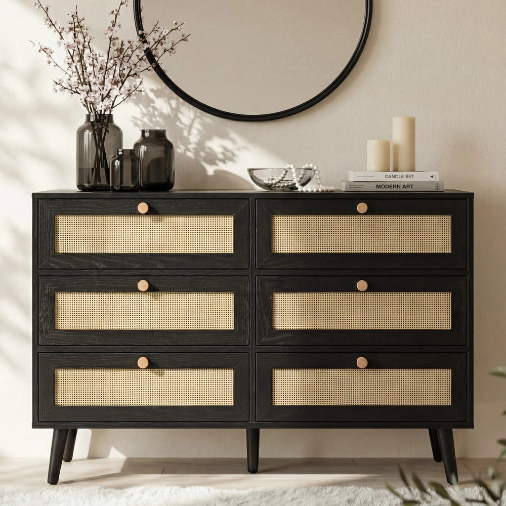 black wicker dresser Marsden Mid-Century Modern Black 6-Drawer Rattan Cane Dresser (54 in. W x 36 in. H)