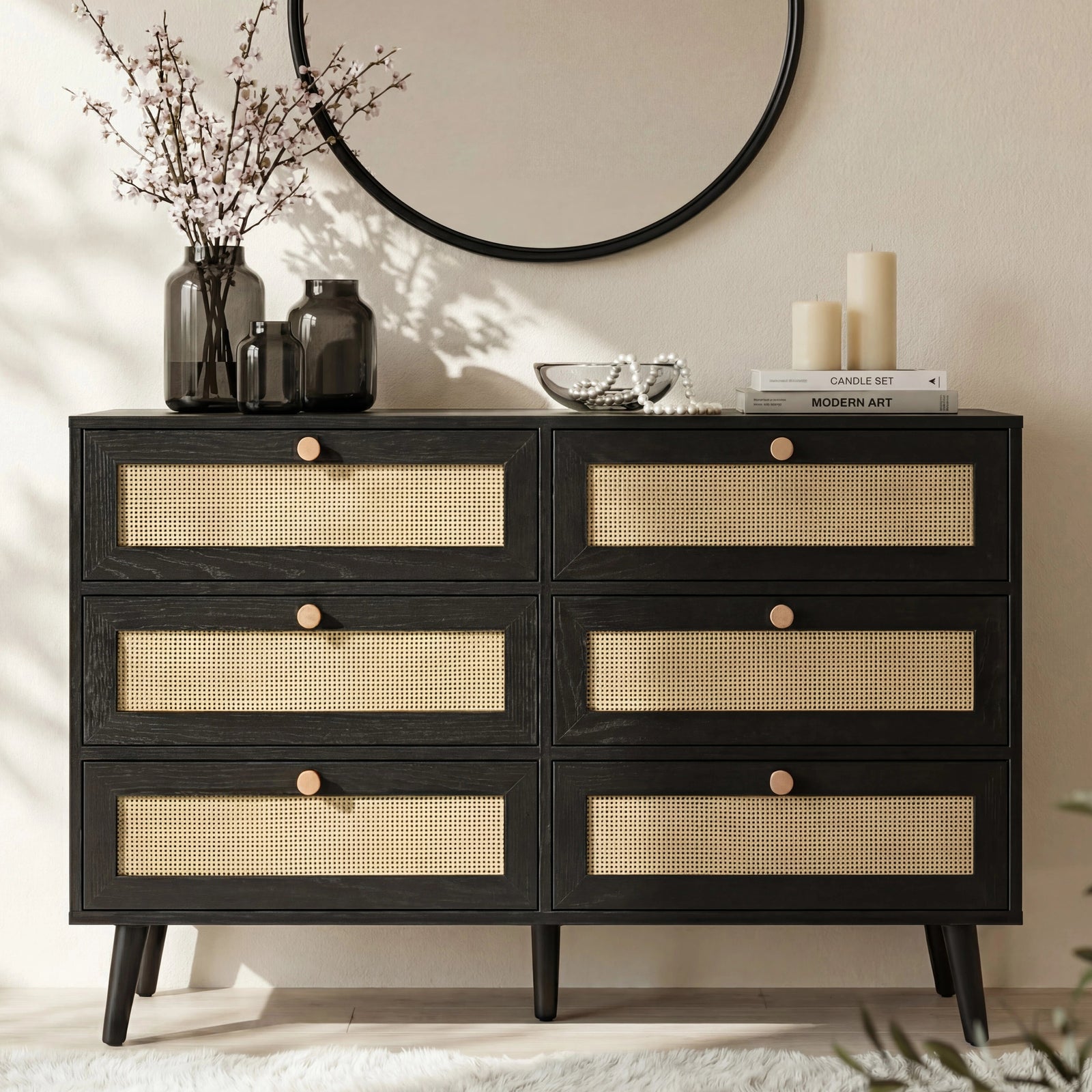 Wovena Black Rattan Wide 6 Chest of Drawers - Bedroom Dresser | DHS Wovena Black Rattan Wide 6 Chest of Drawers - Bedroom Dresser | DHS