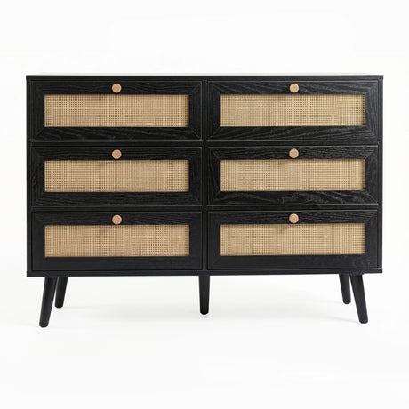 [Black] Wovena rattan chest cut-out front view on white background with six closed cane drawers and four dark legs