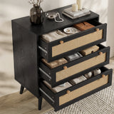 [Black] Wovena rattan chest with all three cane-front drawers open showing 65cm wide interiors