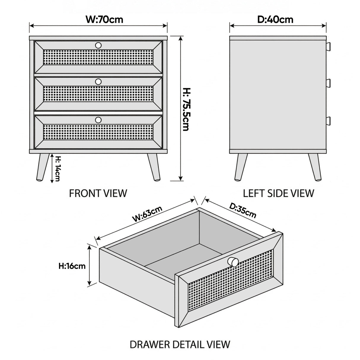 [Black] Wovena rattan chest dimension diagram: 70cm wide, 40cm deep, 75.5cm high with drawer detail