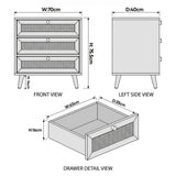 [Black] Wovena rattan chest dimension diagram: 70cm wide, 40cm deep, 75.5cm high with drawer detail