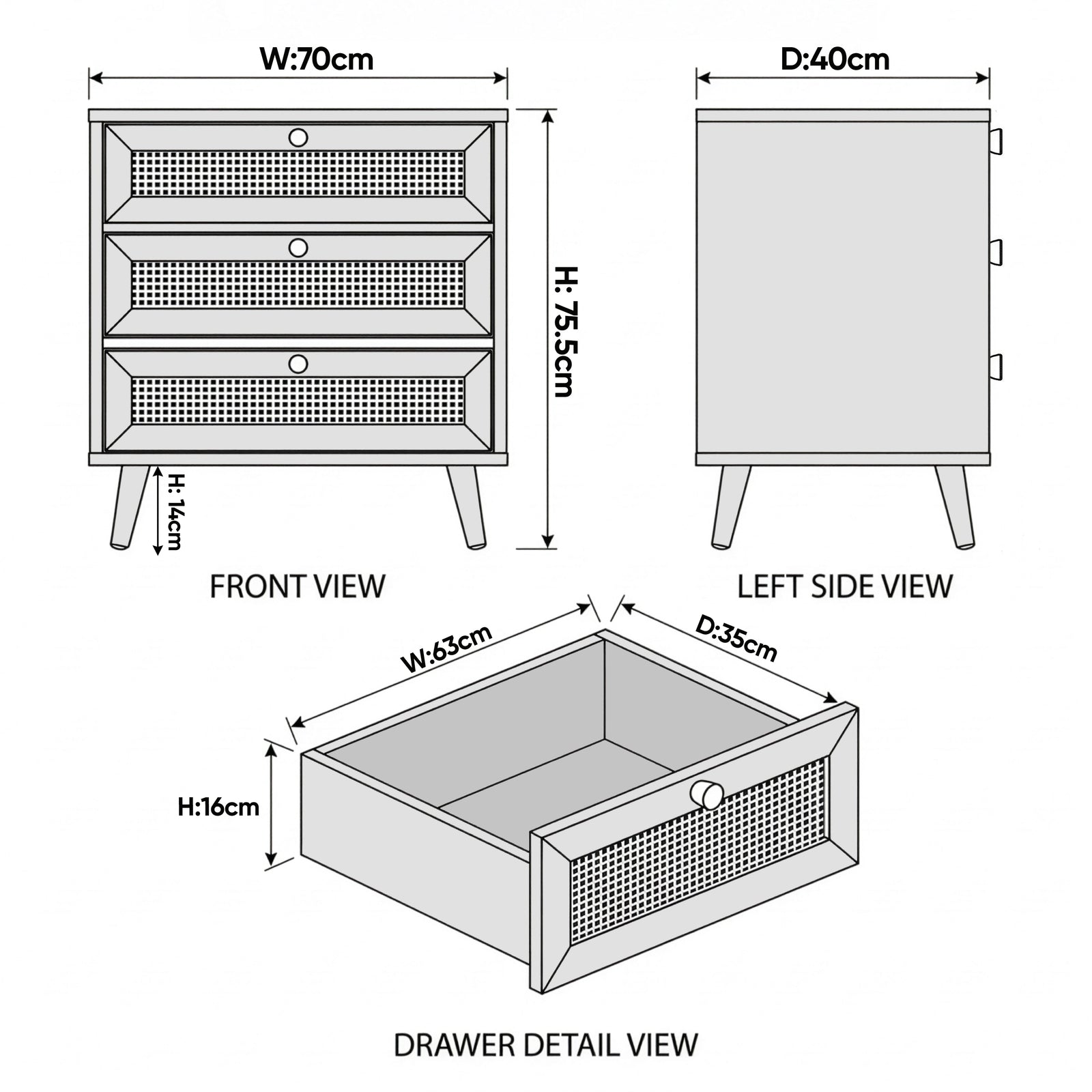 [Black] Wovena rattan chest dimension diagram: 70cm wide, 40cm deep, 75.5cm high with drawer detail