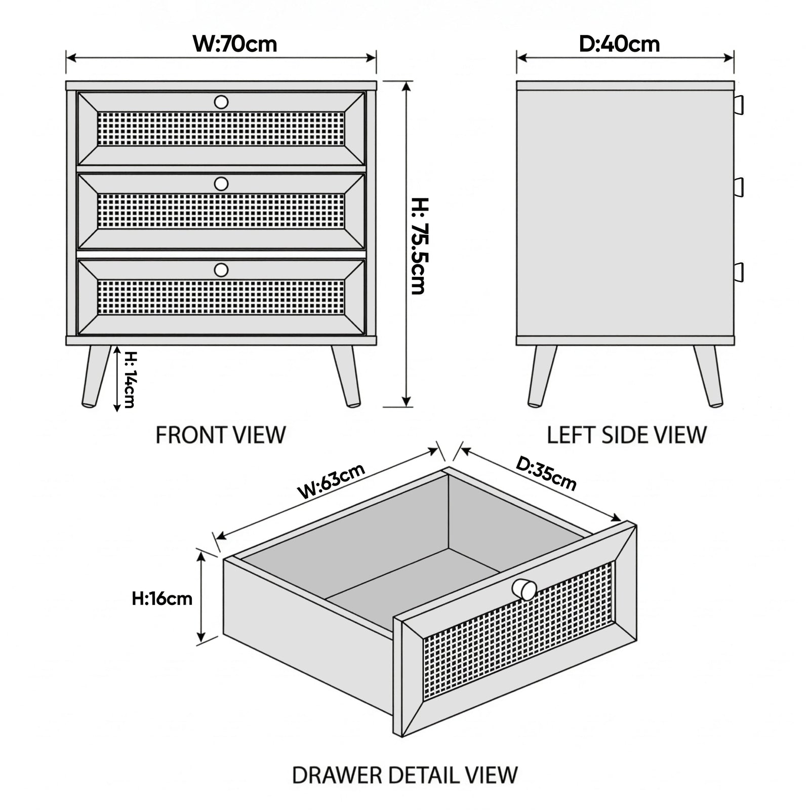 [Black] Wovena rattan chest dimension diagram: 70cm wide, 40cm deep, 75.5cm high with drawer detail