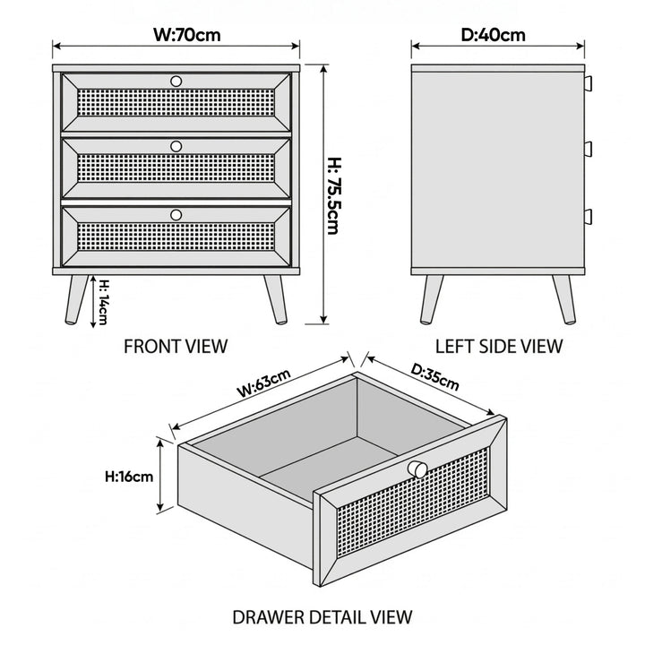 [Black] Wovena rattan chest dimension diagram: 70cm wide, 40cm deep, 75.5cm high with drawer detail