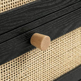 [Black] Wovena rattan chest wood knob close-up mounted on black frame with cane front beside