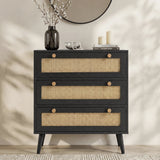 [Black] Wovena rattan chest of drawers front view with cane mesh panels and round wood knobs