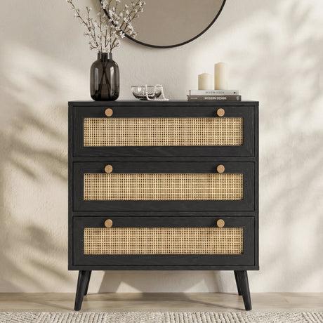 [Black] Wovena rattan chest of drawers front view with cane mesh panels and round wood knobs