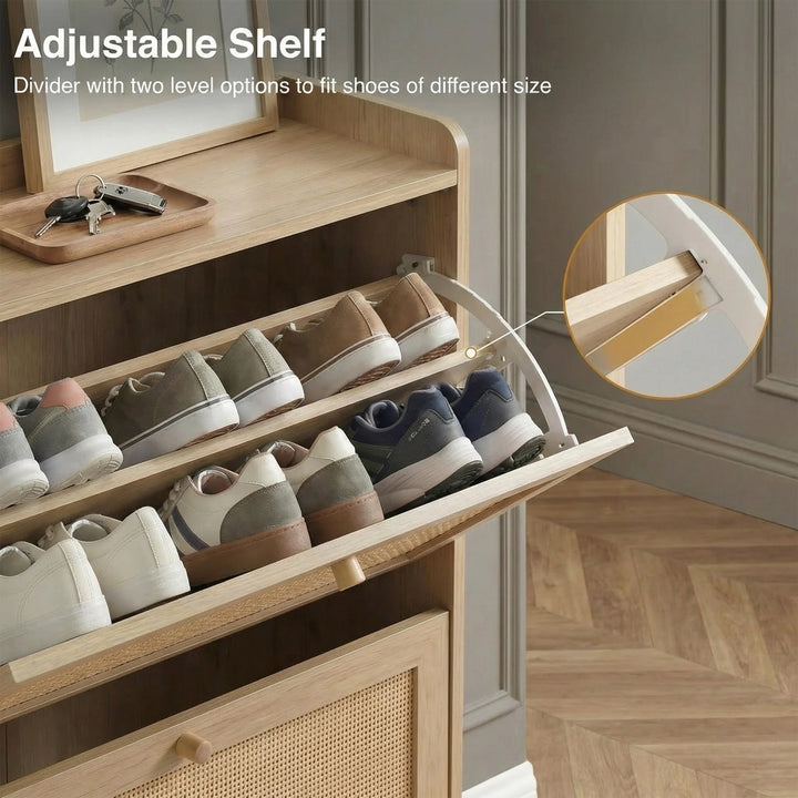 [Oak] Wovena Rattan Oak 2 Door Shoe Storage Cabinet open drawer showing two-level adjustable shelf with trainers and close-up of oak divider bracket positions