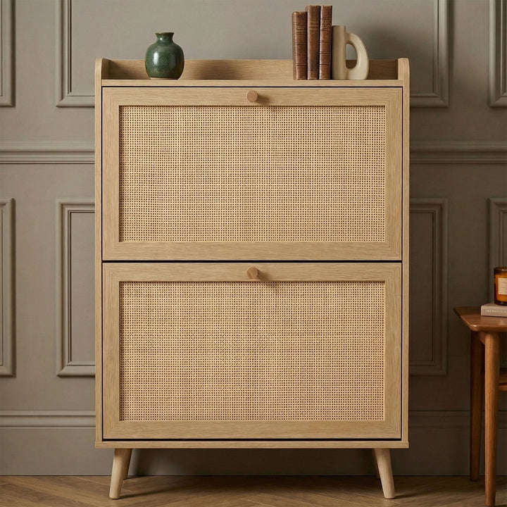 [Oak] Wovena Rattan Oak 2 Door Shoe Storage Cabinet front-facing against grey panelled wall on herringbone floor with green ceramic vase and stacked leather books on top shelf