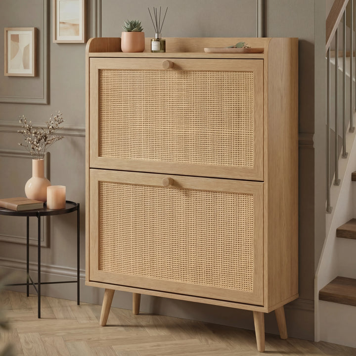 [Oak] Wovena Rattan Oak 2 Door Shoe Storage Cabinet angled in grey hallway with staircase, black side table, peach vase, and succulent and reed diffuser on top shelf