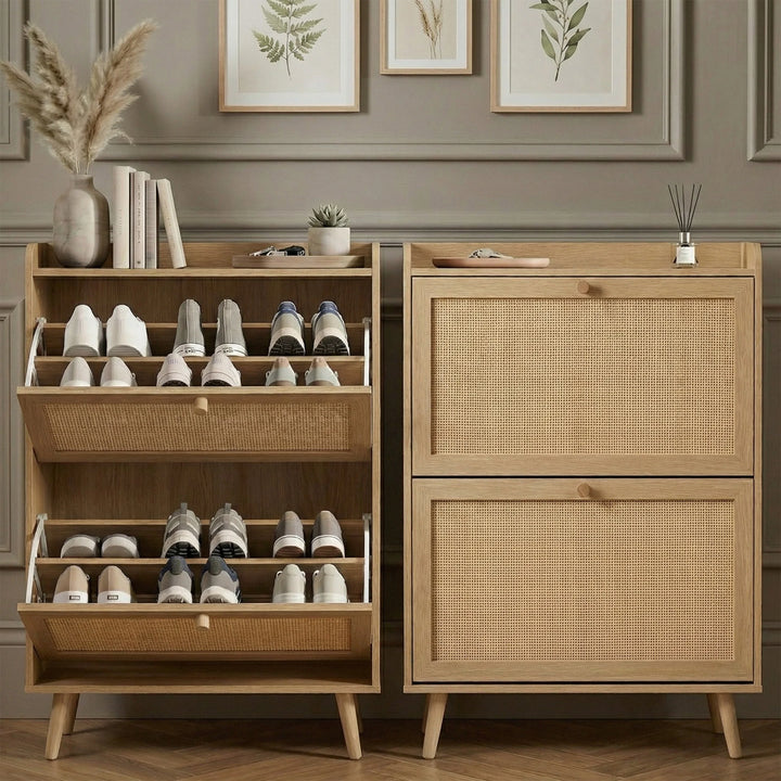 [Oak] Wovena Rattan Oak 2 Door Shoe Storage Cabinet close and open split view showing two flip-out drawers loaded with trainers against grey panelled wall with botanical prints