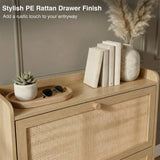 [Oak] Wovena Rattan Oak 2 Door Shoe Storage Cabinet top shelf showing PE rattan drawer finish detail with wooden tray, sunglasses, cream books.