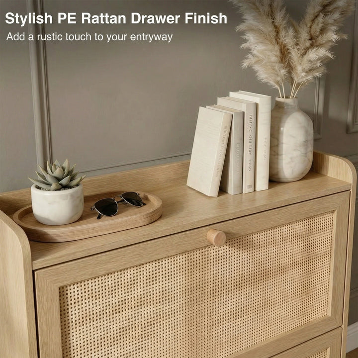 [Oak] Wovena Rattan Oak 2 Door Shoe Storage Cabinet top shelf showing PE rattan drawer finish detail with wooden tray, sunglasses, cream books.