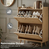 [Oak] Wovena Rattan Oak 2 Door Shoe Storage Cabinet both drawers open showing removable divider with trainers in upper compartment and ankle boots in lower