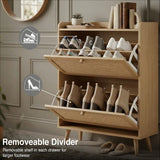 [Oak] Wovena Rattan Oak 2 Door Shoe Storage Cabinet both drawers open showing removable divider with trainers in upper compartment and ankle boots in lower