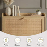 [Oak] Wovena Rattan Oak 2 Door Shoe Storage Cabinet top shelf close-up styled with marble pampas vase, stacked books, succulent, and glasses on wooden tray with item icons below