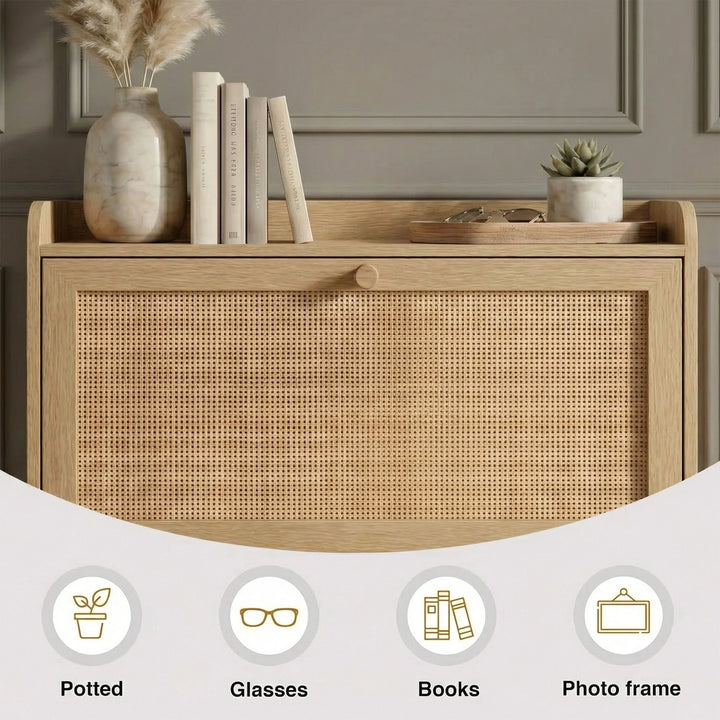 [Oak] Wovena Rattan Oak 2 Door Shoe Storage Cabinet top shelf close-up styled with marble pampas vase, stacked books, succulent, and glasses on wooden tray with item icons below