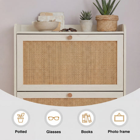 [White] Lower compartment tilted open revealing two shoe tiers with footwear stored inside