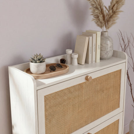 [White] Both compartments open showing full shoe storage capacity across four internal tiers