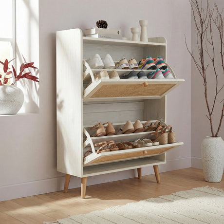 [White] Infographic showing the Wovena shoe cabinet with both compartments open highlighting smart storage features and adjustable shelves