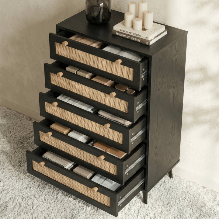 [Black] Wovena rattan tallboy chest with every drawer pulled out from top to base