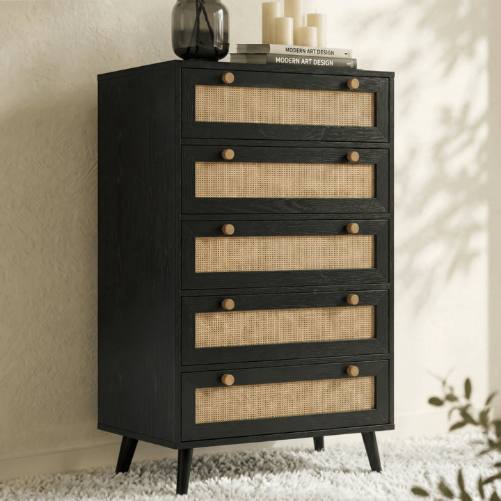 [Black] Wovena rattan tallboy angled view showing splayed legs and side depth