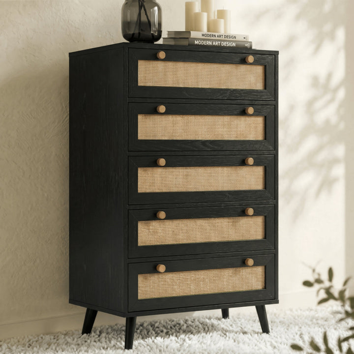 [Black] Wovena rattan tallboy angled view showing splayed legs and side depth