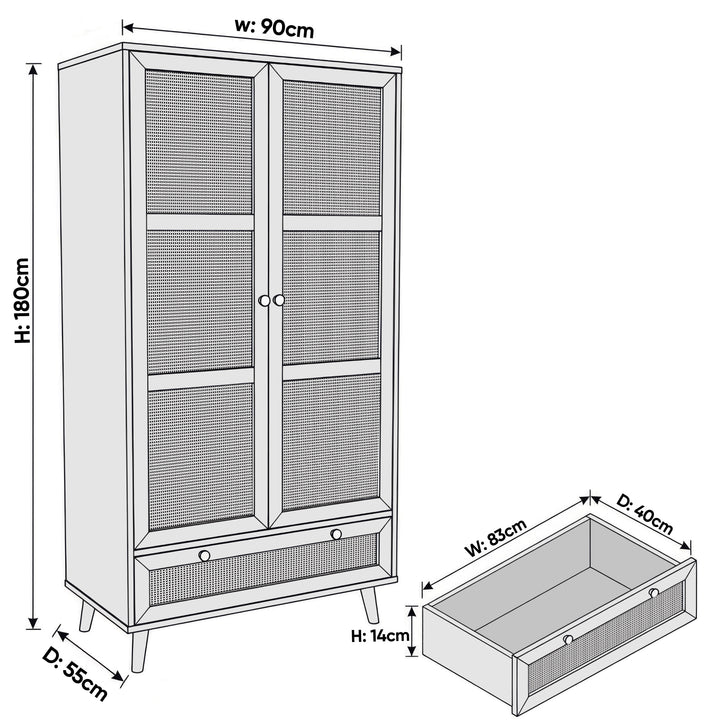[Black] Wovena rattan wardrobe dimensions diagram: 90 x 55 x 180 cm overall, internal drawer 83 x 40 x 14 cm