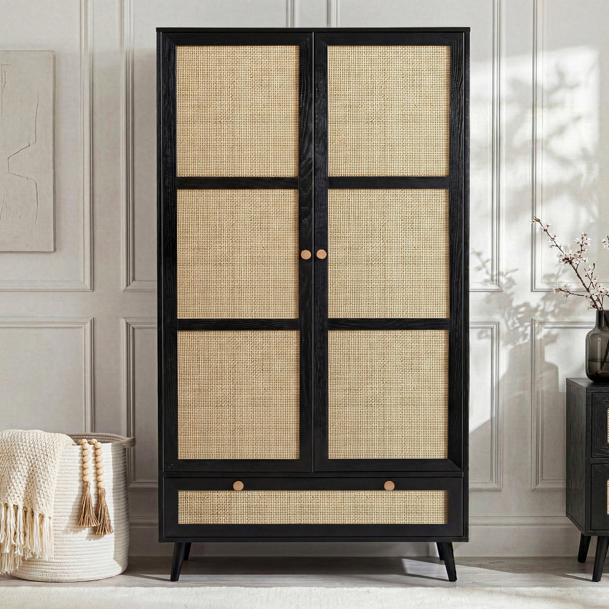 [Black] Wovena 2 door rattan wardrobe with cane mesh panels and bottom drawer styled beside matching chest of drawers