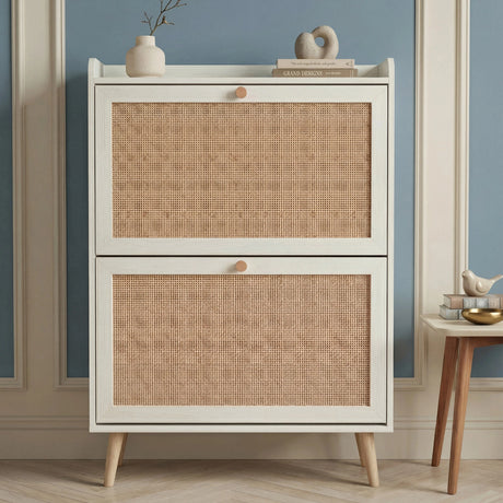 [White] Wovena Rattan White 2 Door Shoe Storage Cabinet front-facing against blue panelled wall with ceramic bud vase, sculptural ornament, and stacked books on top