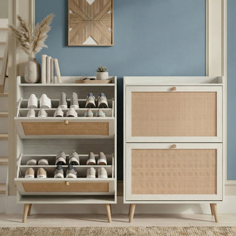 [White] Wovena Rattan White 2 Door Shoe Storage Cabinet close and open split view showing two flip-out drawers loaded with trainers against blue wall