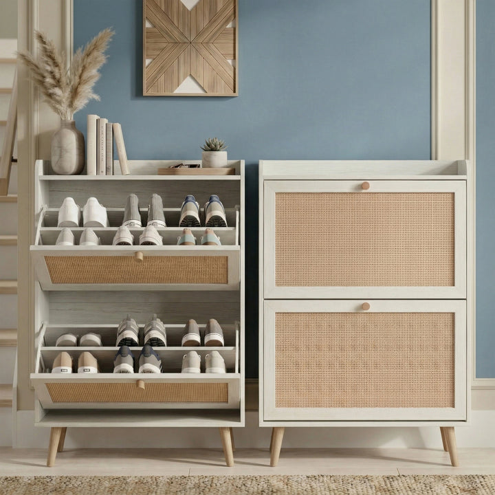 [White] Wovena Rattan White 2 Door Shoe Storage Cabinet close and open split view showing two flip-out drawers loaded with trainers against blue wall