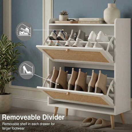 [White] Wovena Rattan White 2 Door Shoe Storage Cabinet both drawers open showing removable divider with trainers in upper compartment and ankle boots in lower
