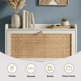[White] Wovena Rattan White 2 Door Shoe Storage Cabinet top shelf close-up styled with pampas vase, stacked books, succulent, and wooden tray with item icons below
