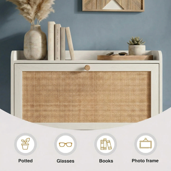 [White] Wovena Rattan White 2 Door Shoe Storage Cabinet top shelf close-up styled with pampas vase, stacked books, succulent, and wooden tray with item icons below
