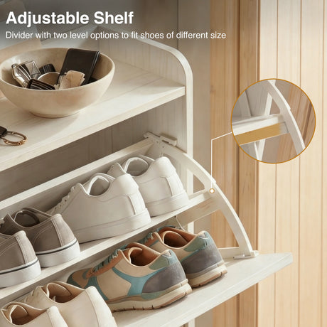 [White] Upper tilt-out compartment open showing adjustable shelf and two internal shoe tiers