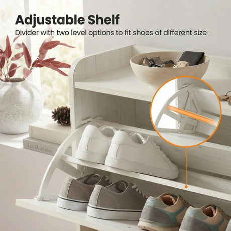 [White] Upper tilt-out compartment open showing adjustable shelf and two internal shoe tiers