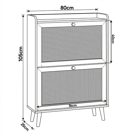 [White] Line drawing dimension diagram of the Wovena shoe cabinet showing width height and depth measurements