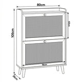 [Black] Dimensions schematic of Wovena rattan shoe cabinet, 80x25x105cm with 40cm tall flip drawer space