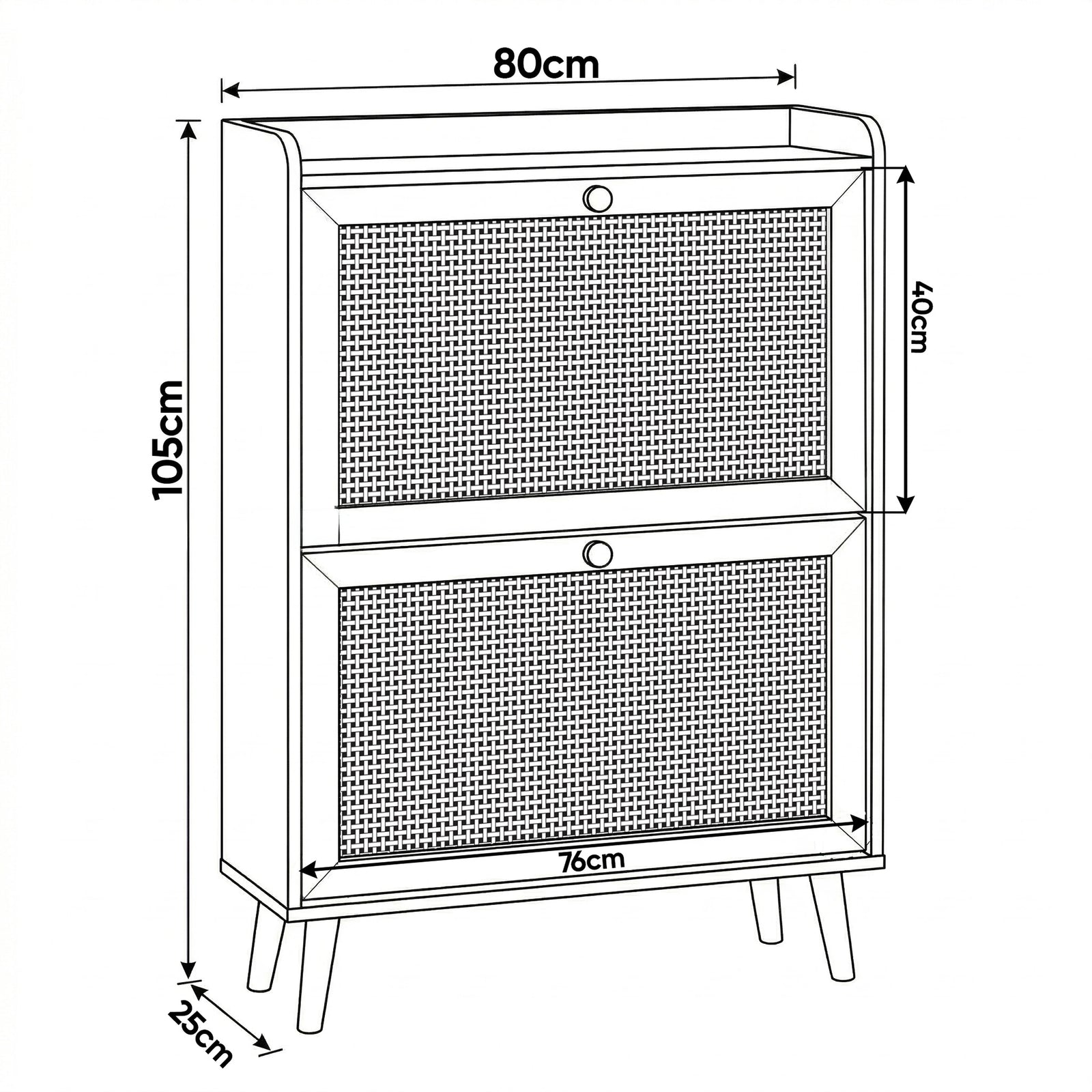 [Black] Dimensions schematic of Wovena rattan shoe cabinet, 80x25x105cm with 40cm tall flip drawer space