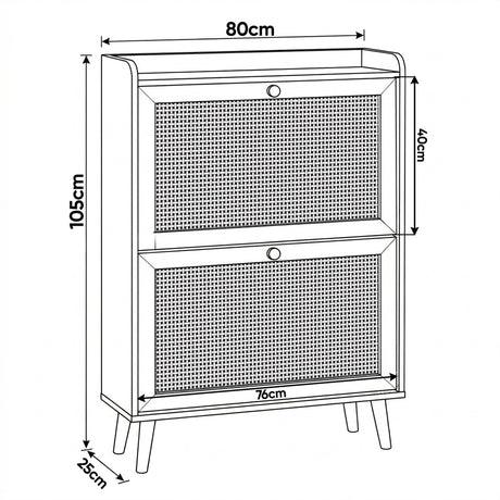[Wovena] shoe cabinet dimensions diagram showing 80cm width, 105cm height, 25cm depth and 76cm internal base width with two rattan flip drawers on tapered legs