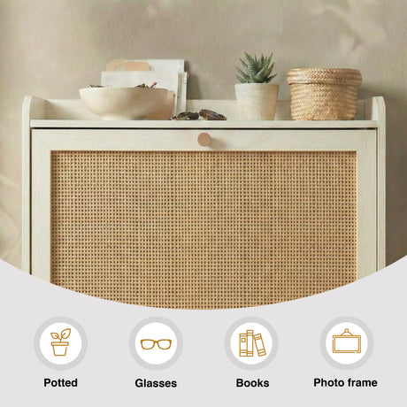 [White] Lower compartment tilted open revealing two shoe tiers with footwear stored inside