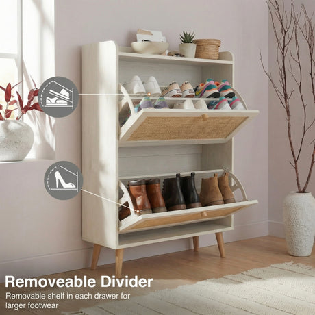 [White] Close-up of the nylon PE rattan cane mesh weave on the tilt-out compartment front