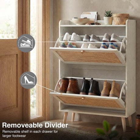 [White] Close-up of the nylon PE rattan cane mesh weave on the tilt-out compartment front