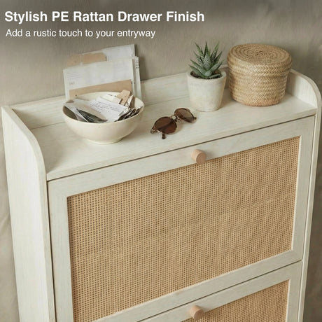 [White] Both compartments open showing full shoe storage capacity across four internal tiers