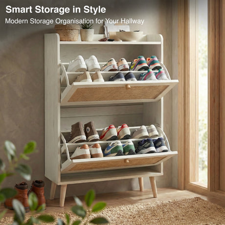 [White] Infographic showing the Wovena shoe cabinet with both compartments open highlighting smart storage features and adjustable shelves